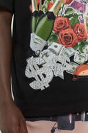 Black t-shirt with party graphics in digital print, Swarovski crystals, and silicone print