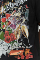 Black t-shirt with party graphics in digital print, Swarovski crystals, and silicone print