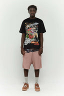 Black t-shirt with party graphics in digital print, Swarovski crystals, and silicone print