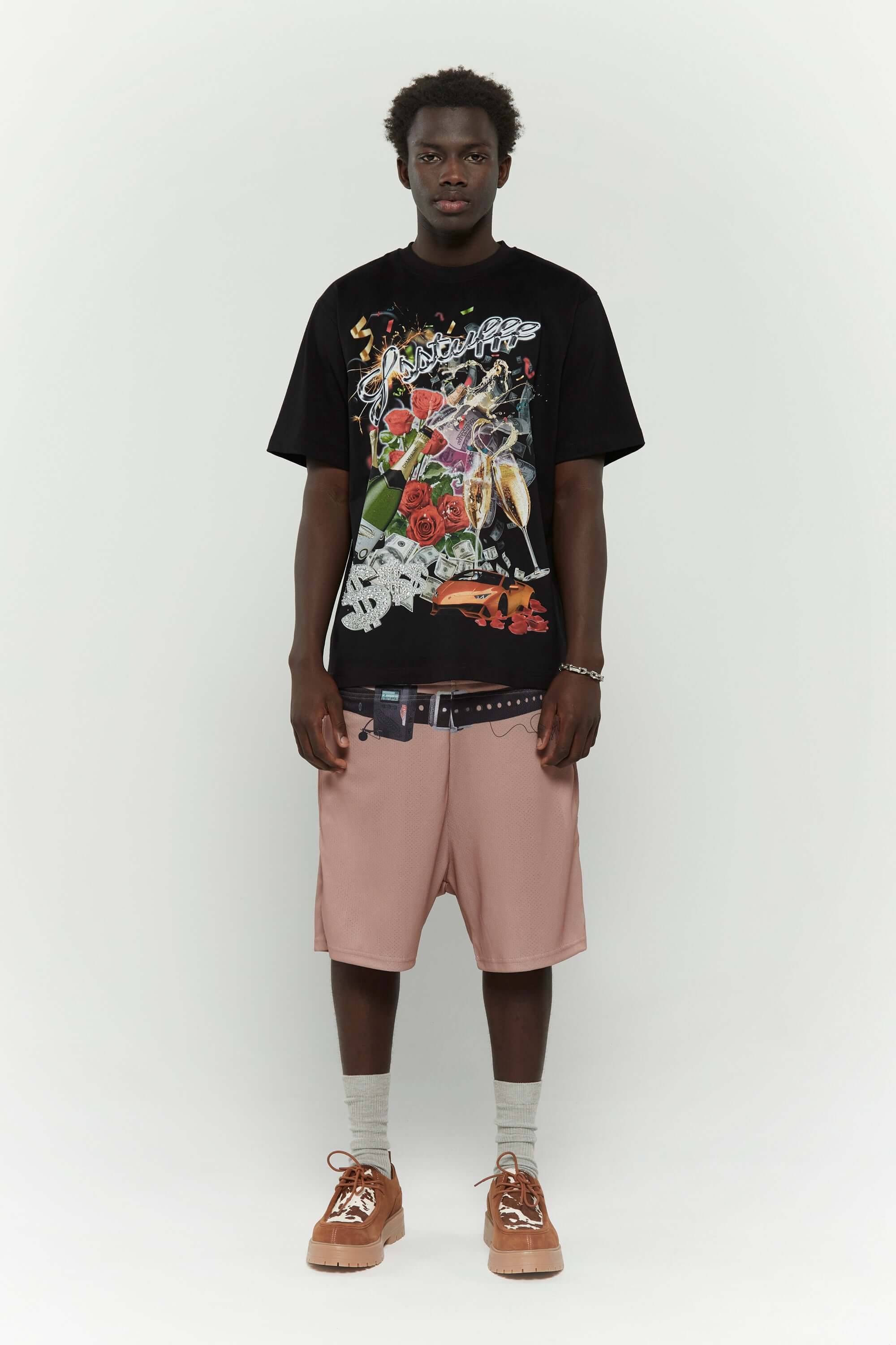 Black t-shirt with party graphics in digital print, Swarovski crystals, and silicone print