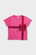 Pink t-shirt with a red ribbon graphic mimicking a present