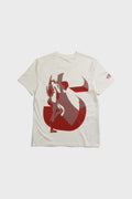 Off white t-shirt with female silhouette looking through large S graphic and SSSTUFFF logo detail on sleeve