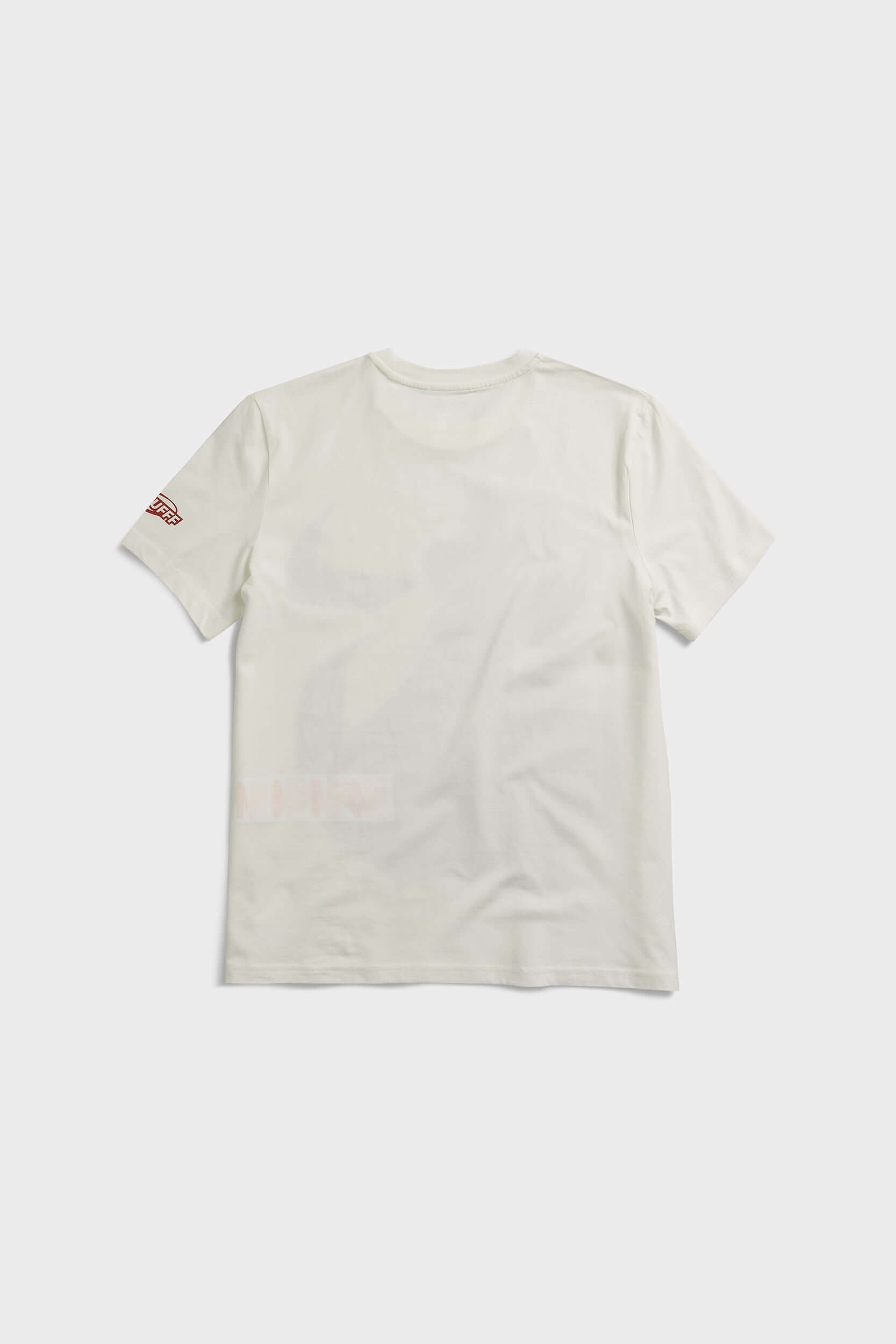 Off white t-shirt with female silhouette looking through large S graphic and SSSTUFFF logo detail on sleeve