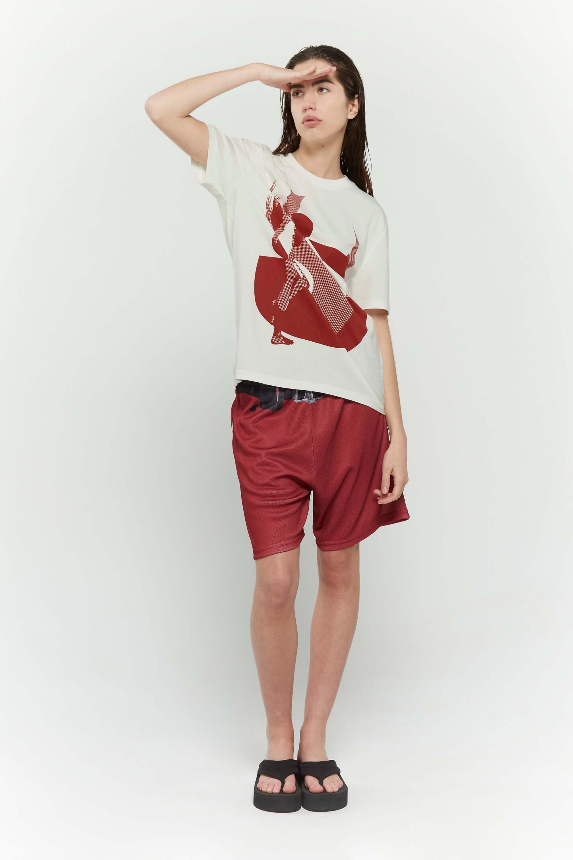 Off white t-shirt with female silhouette looking through large S graphic and SSSTUFFF logo detail on sleeve