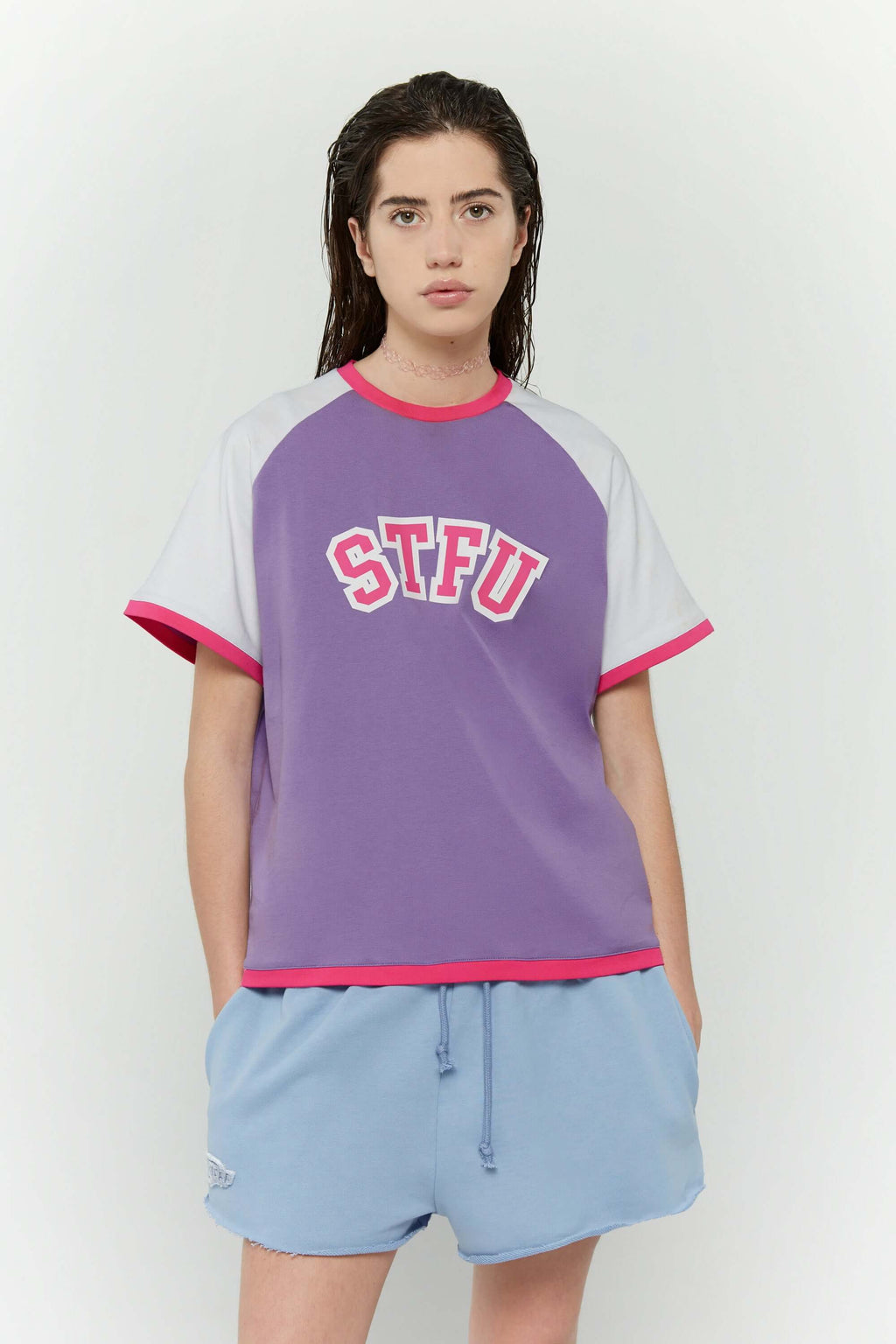 Purple and white crop t-shirt with 'STFU' bold text screenprint