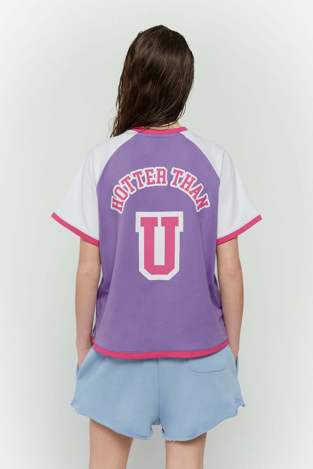Purple and white crop t-shirt with 'STFU' bold text screenprint