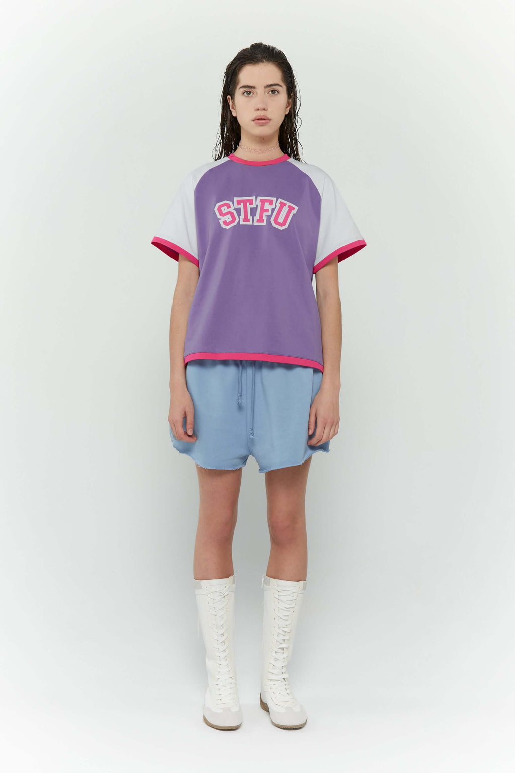 Purple and white crop t-shirt with 'STFU' bold text screenprint