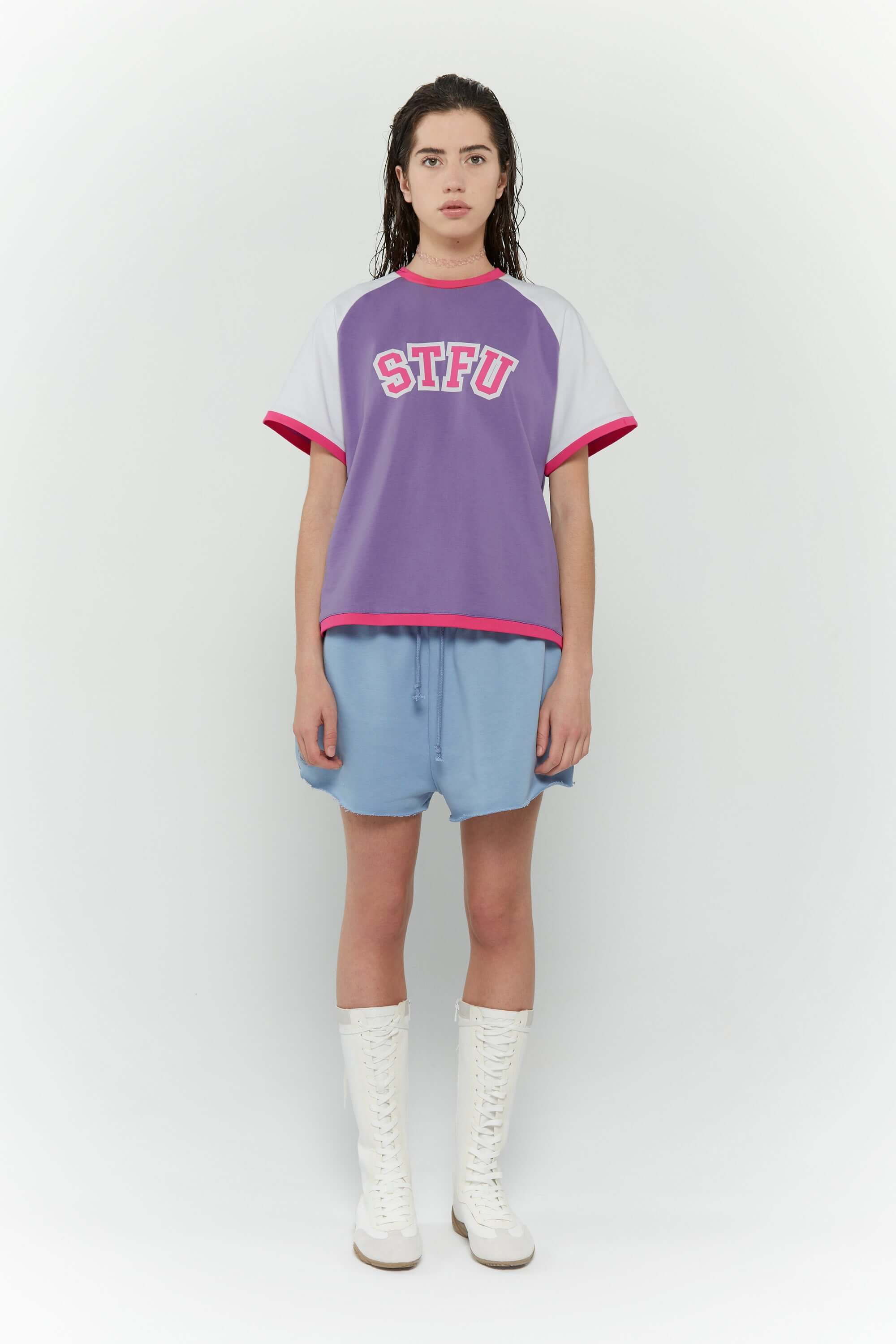 Purple and white crop t-shirt with 'STFU' bold text screenprint