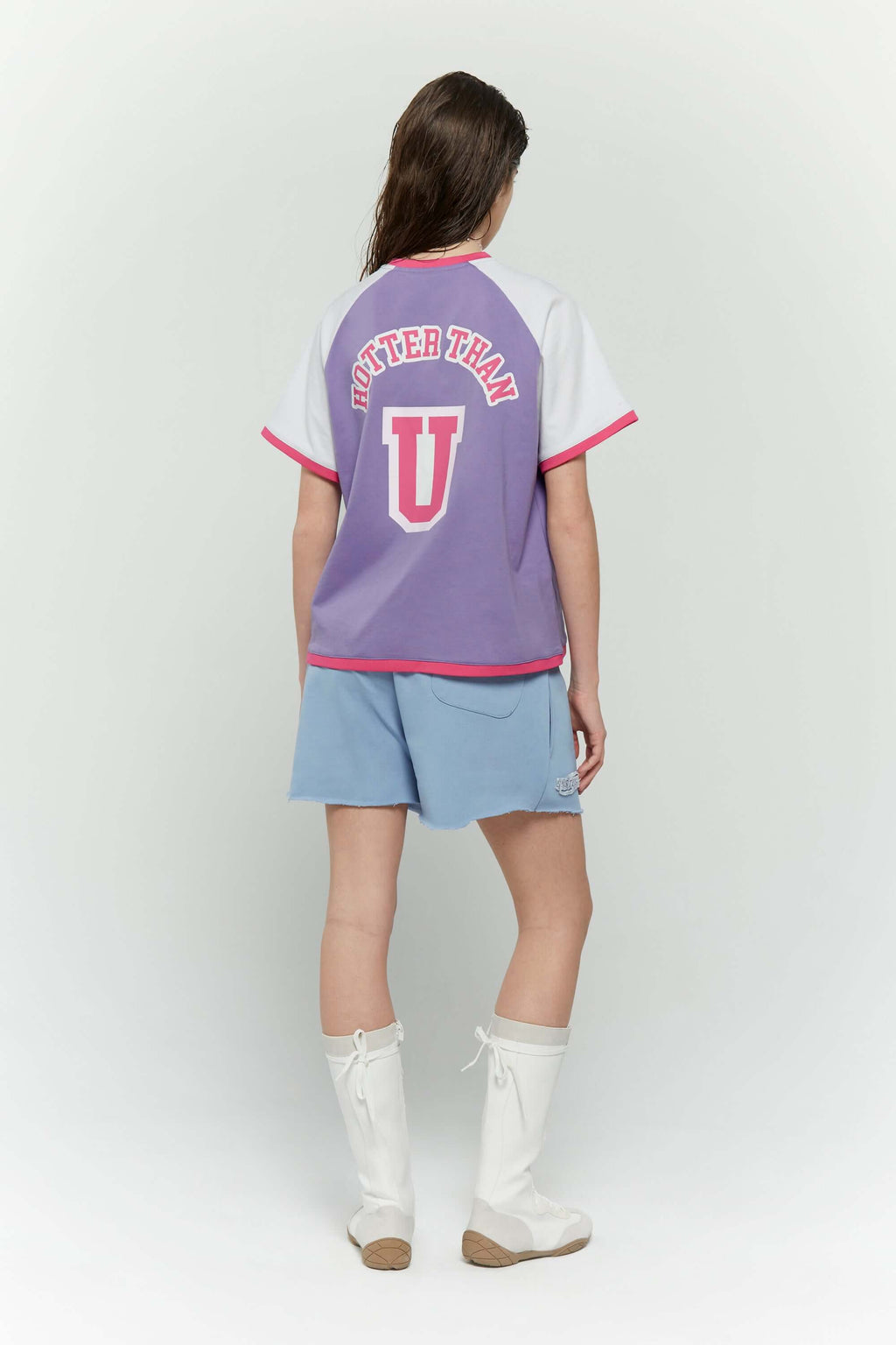 Purple and white crop t-shirt with 'STFU' bold text screenprint