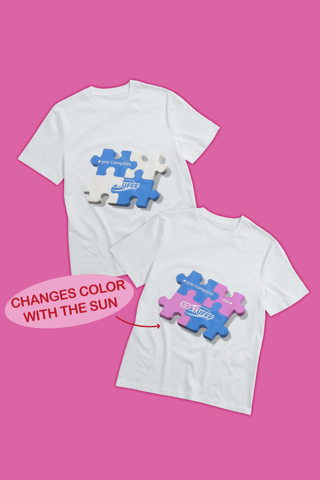 White t-shirt with blue puzzle graphic and hidden UV reactive puzzle pieces print that turns pink in sunlight