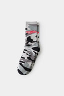 Camouflage-patterned black and grey sock with a brand logo embroidery 