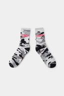Camouflage-patterned black and grey sock with a brand logo embroidery 