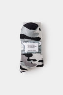 Camouflage-patterned black and grey sock with a brand logo embroidery 
