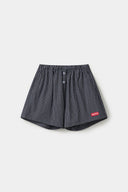 Black striped boxer shorts with a red embroidery logo 
