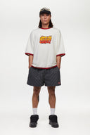 Black striped boxer shorts with a red embroidery logo 
