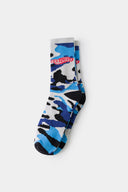 Camouflage-patterned blue sock with a brand logo embroidery 
