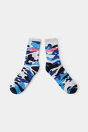 Camouflage-patterned blue sock with a brand logo embroidery 
