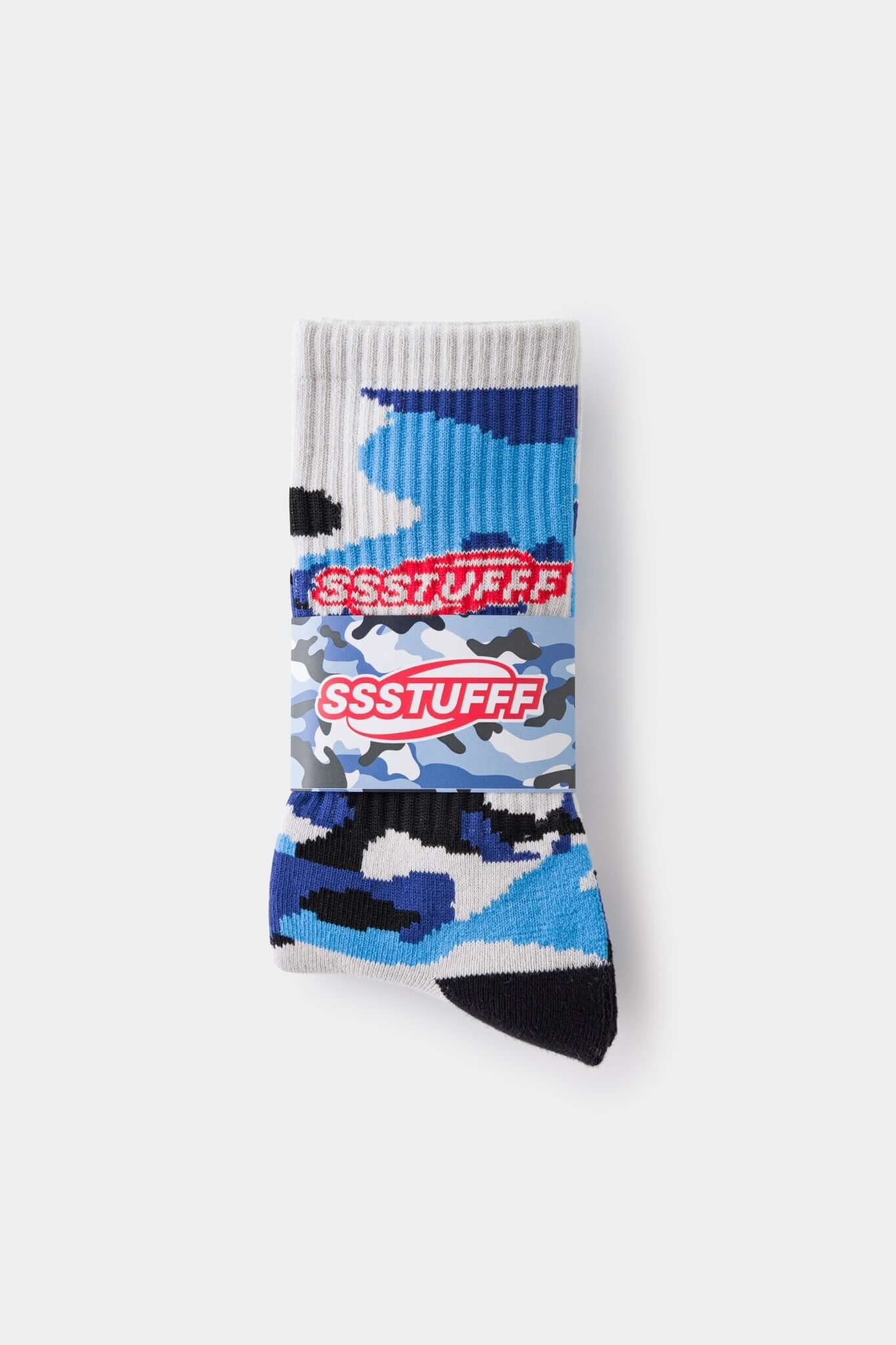 Camouflage-patterned blue sock with a brand logo embroidery 
