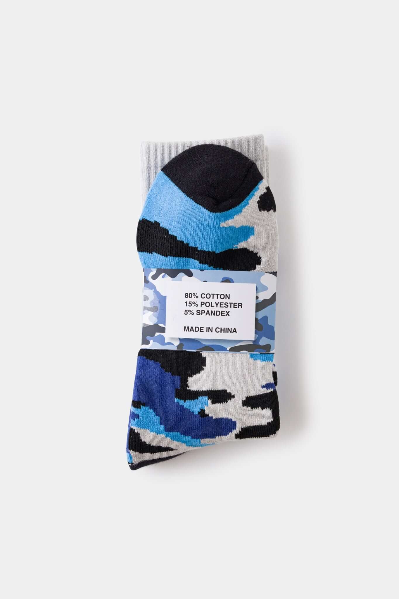 Camouflage-patterned blue sock with a brand logo embroidery 
