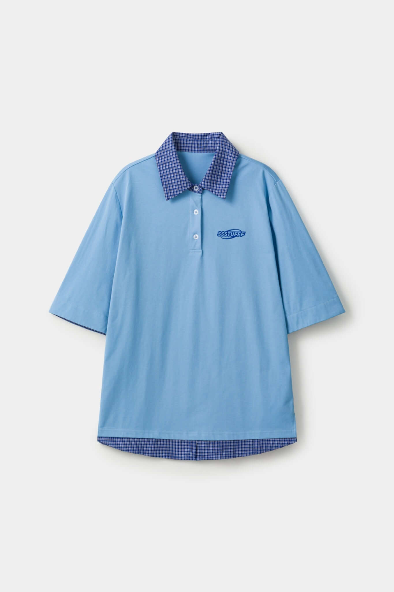 Blue polo shirt with checkered collar and sleeves