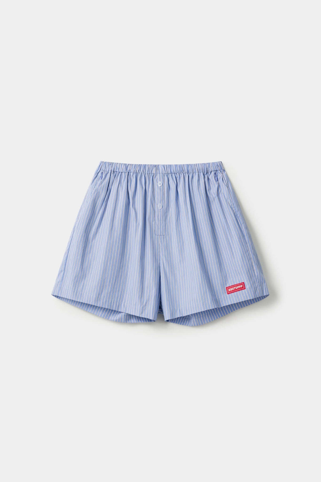 Blue striped boxer shorts with a red embroidery logo 
