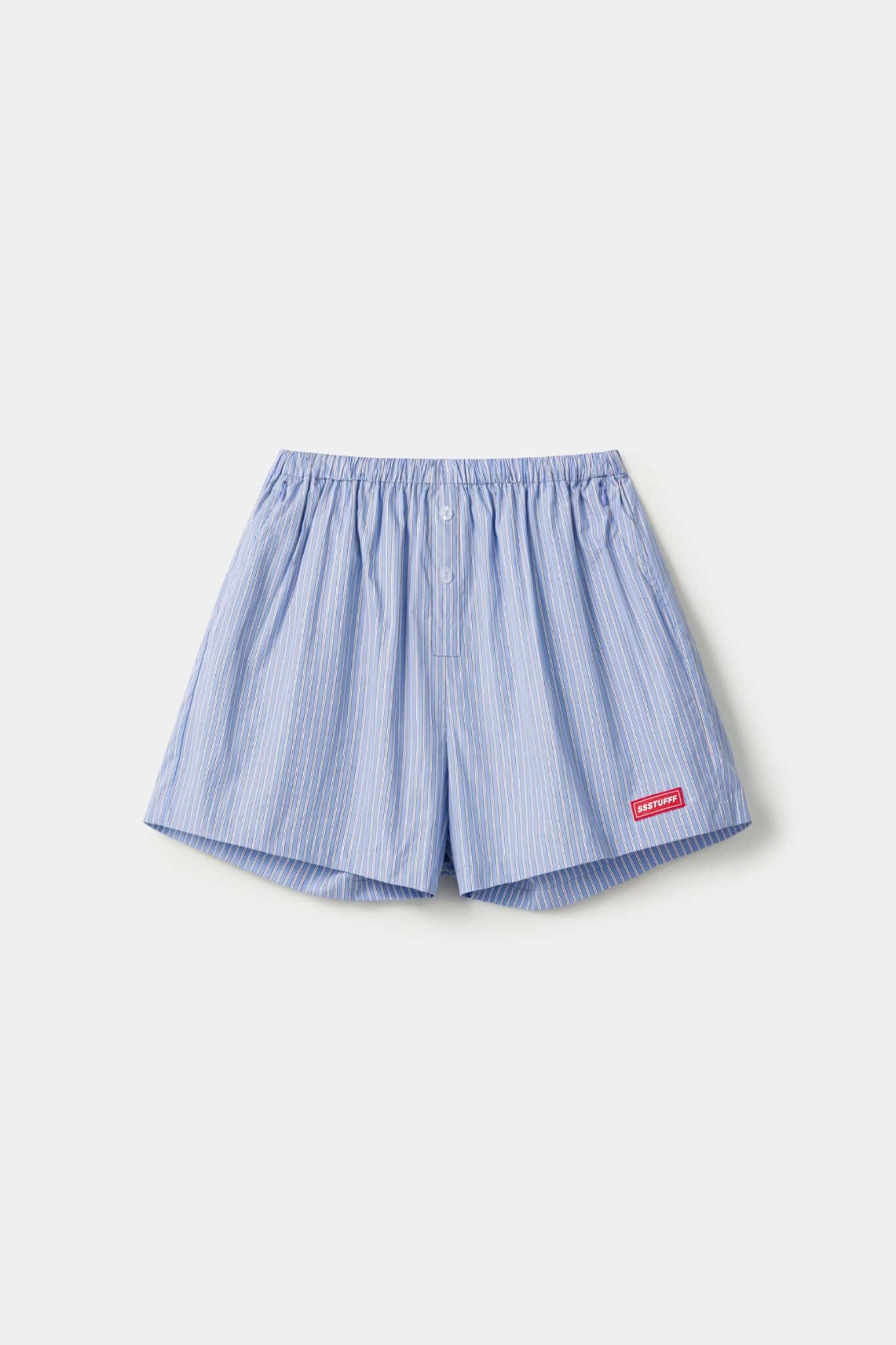 Blue striped boxer shorts with a red embroidery logo 