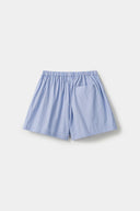 Blue striped boxer shorts with a red embroidery logo 
