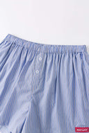 Blue striped boxer shorts with a red embroidery logo 
