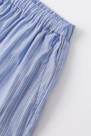 Blue striped boxer shorts with a red embroidery logo 
