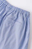 Blue striped boxer shorts with a red embroidery logo 
