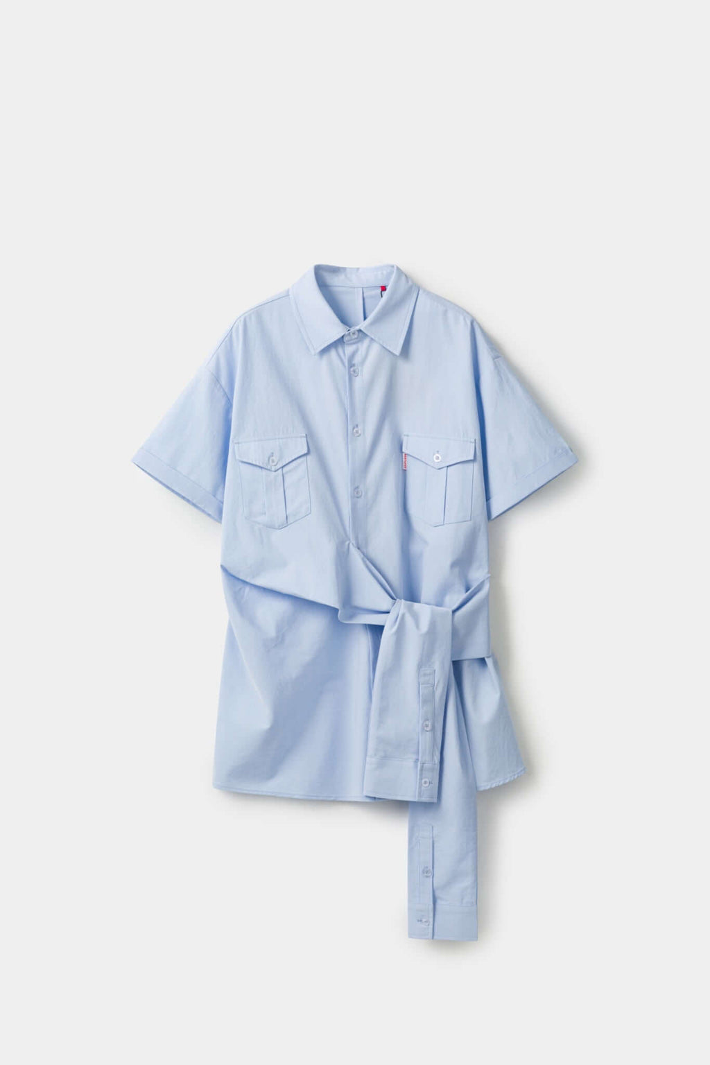 Blue shirt with 4 sleeves making a tie waist 

