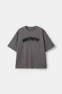 Gray t-shirt with sponge texture text with the brand name