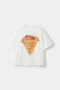 White t-shirt with a graphic of a flower shop cone that you can break 