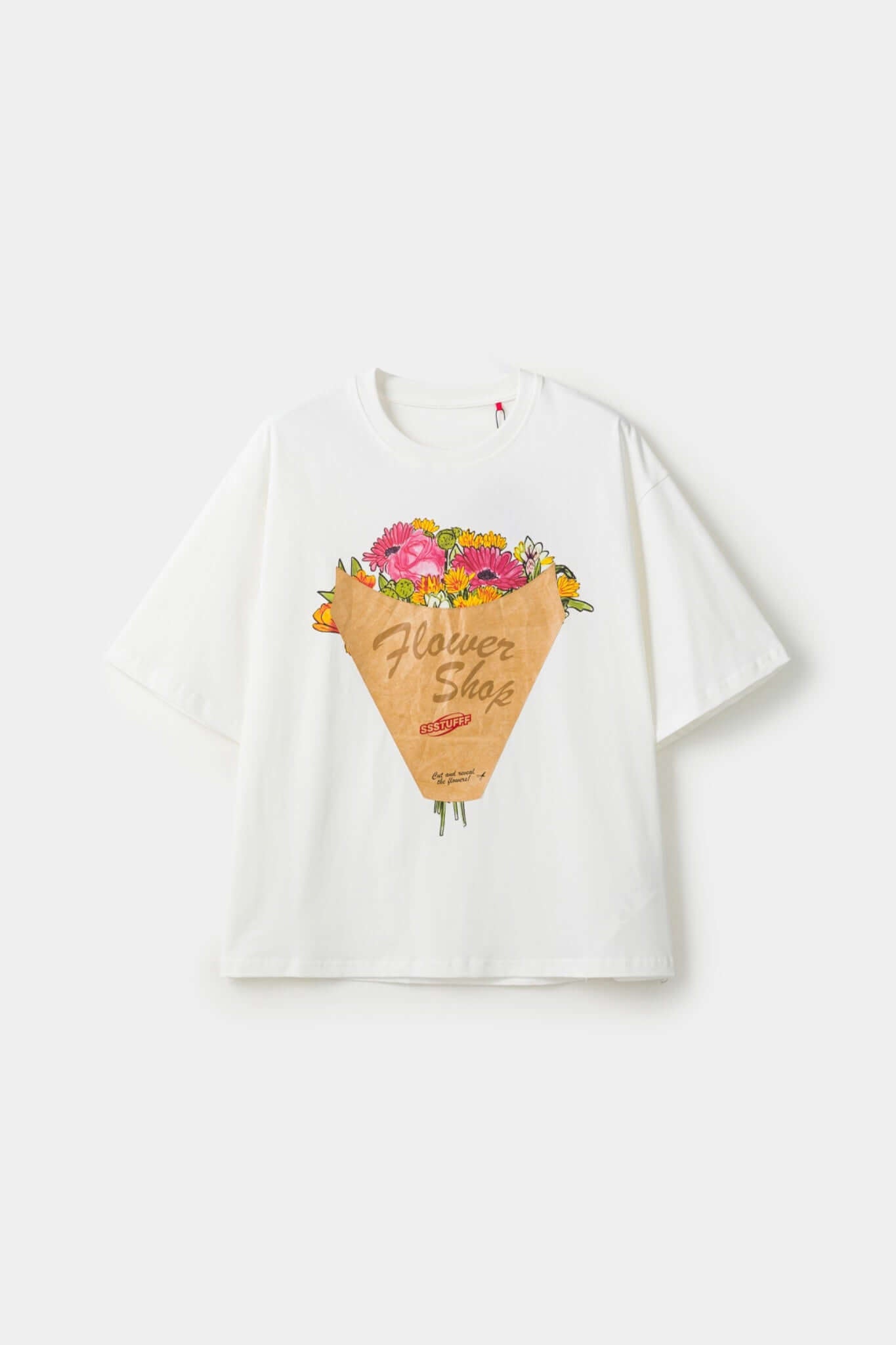 White t-shirt with a graphic of a flower shop cone that you can break 