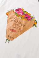 White t-shirt with a graphic of a flower shop cone that you can break 
