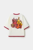White t-shirt with red trim and fire yellow and red graphic
