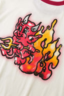 White t-shirt with red trim and fire yellow and red graphic
