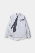 Light blue stripes shirt with a black tie graphic 
