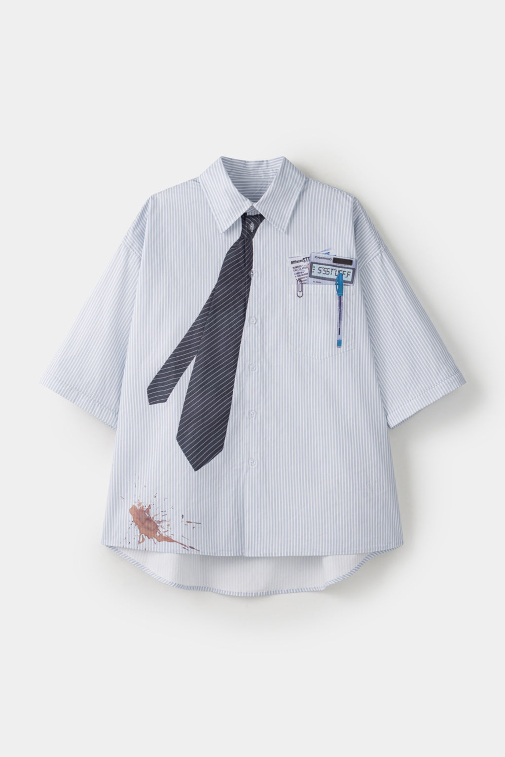 Light blue stripes shirt with a black tie graphic 

