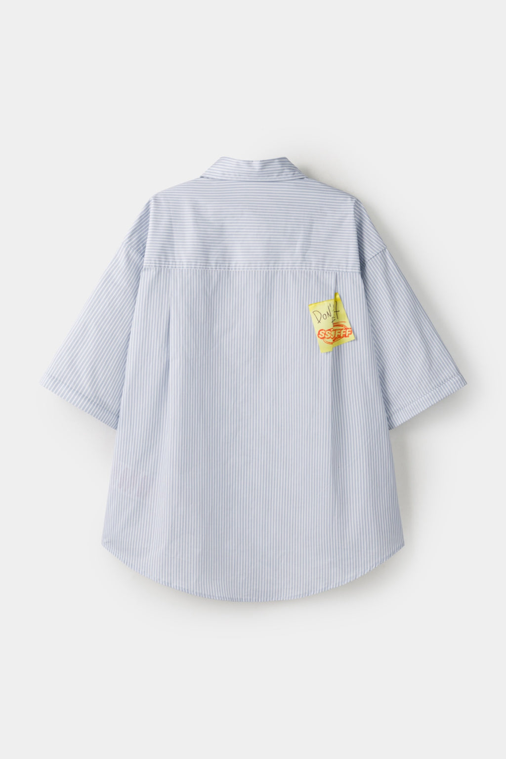 Light blue stripes shirt with a black tie graphic 
