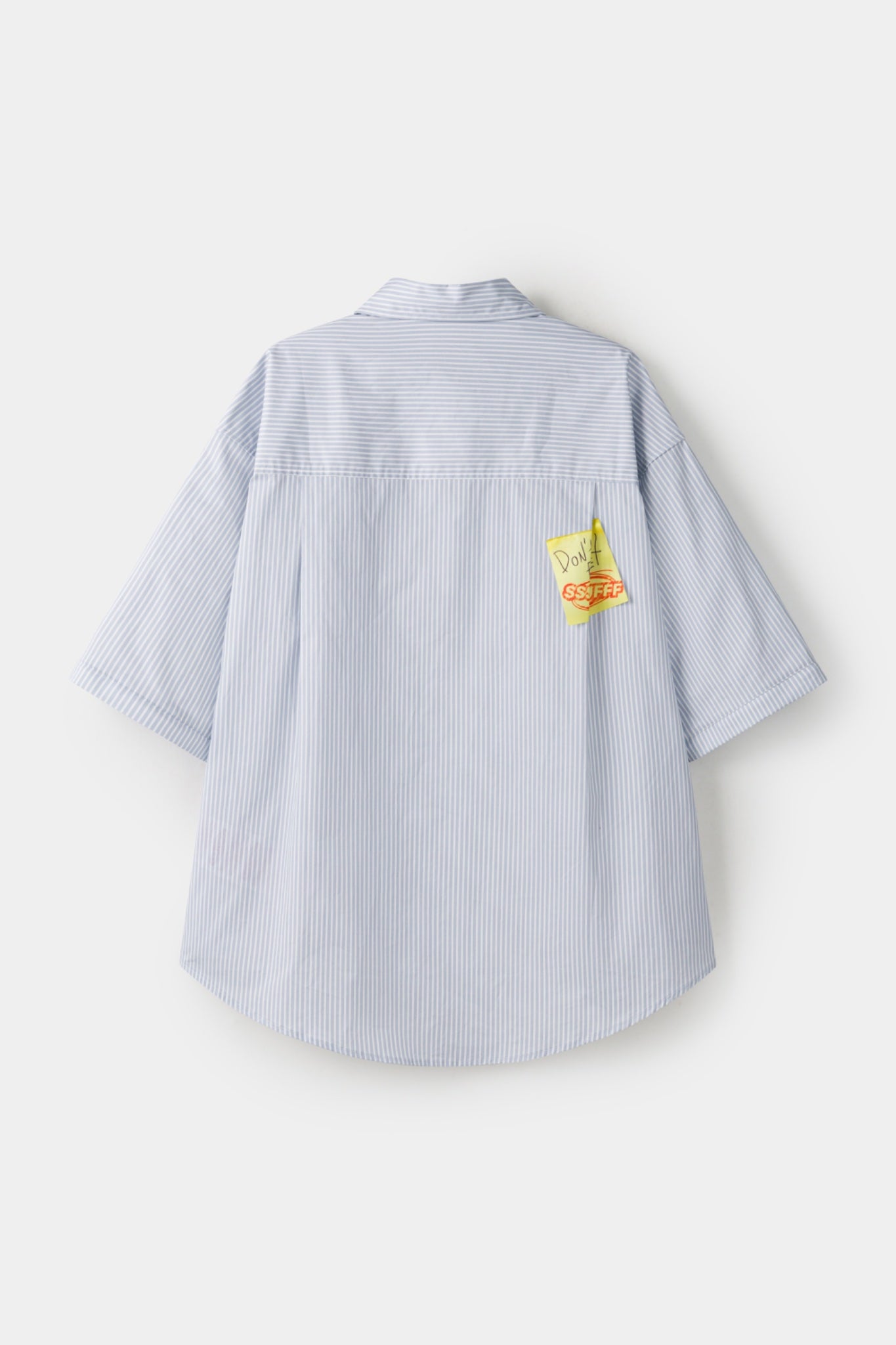 Light blue stripes shirt with a black tie graphic 
