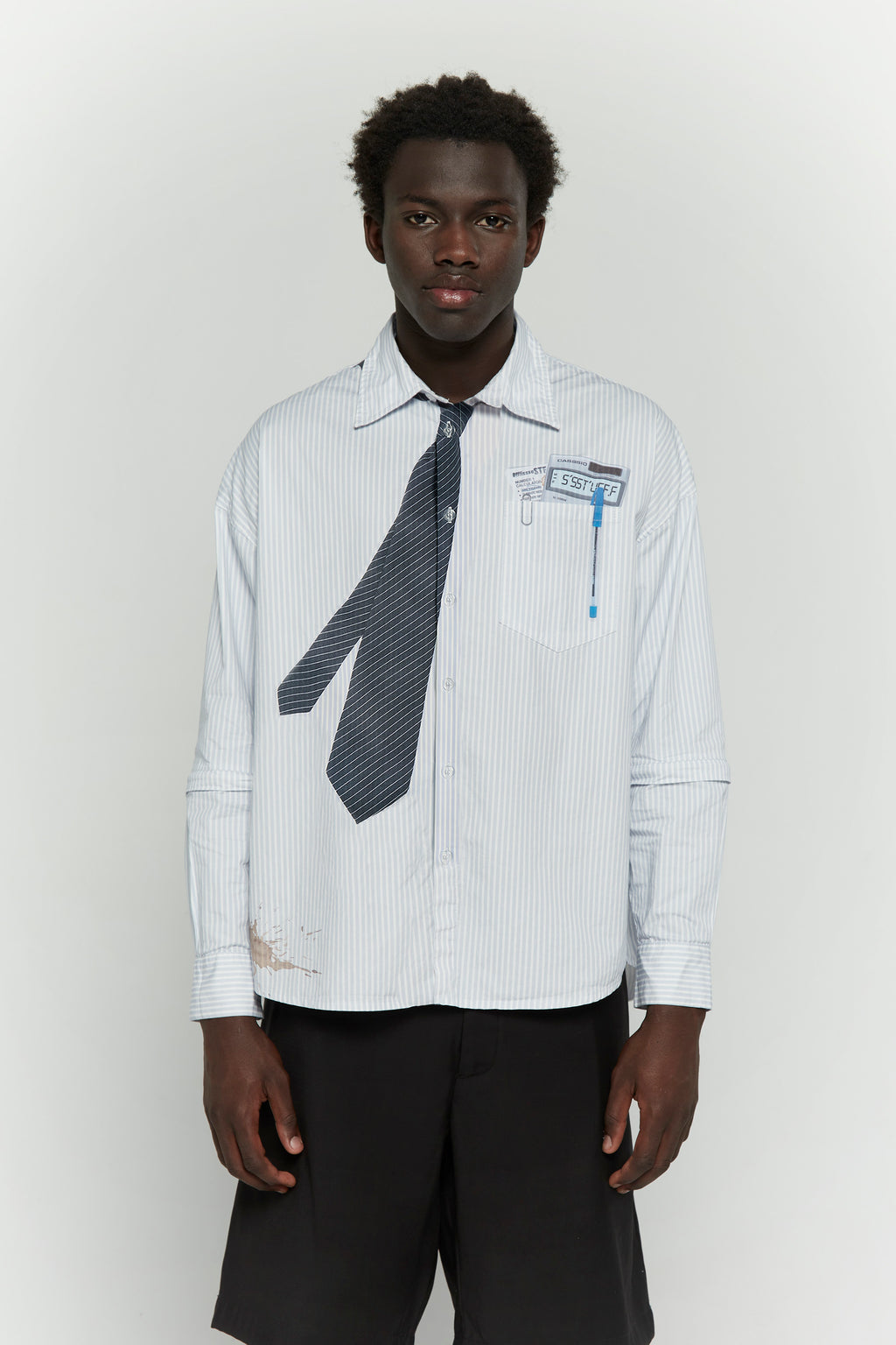 Light blue stripes shirt with a black tie graphic 
