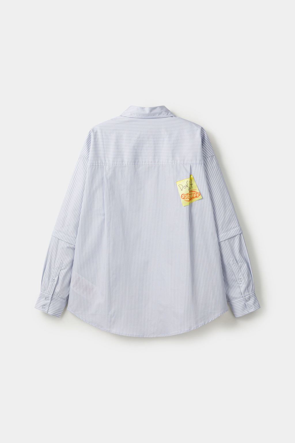 Light blue stripes shirt with a black tie graphic 

