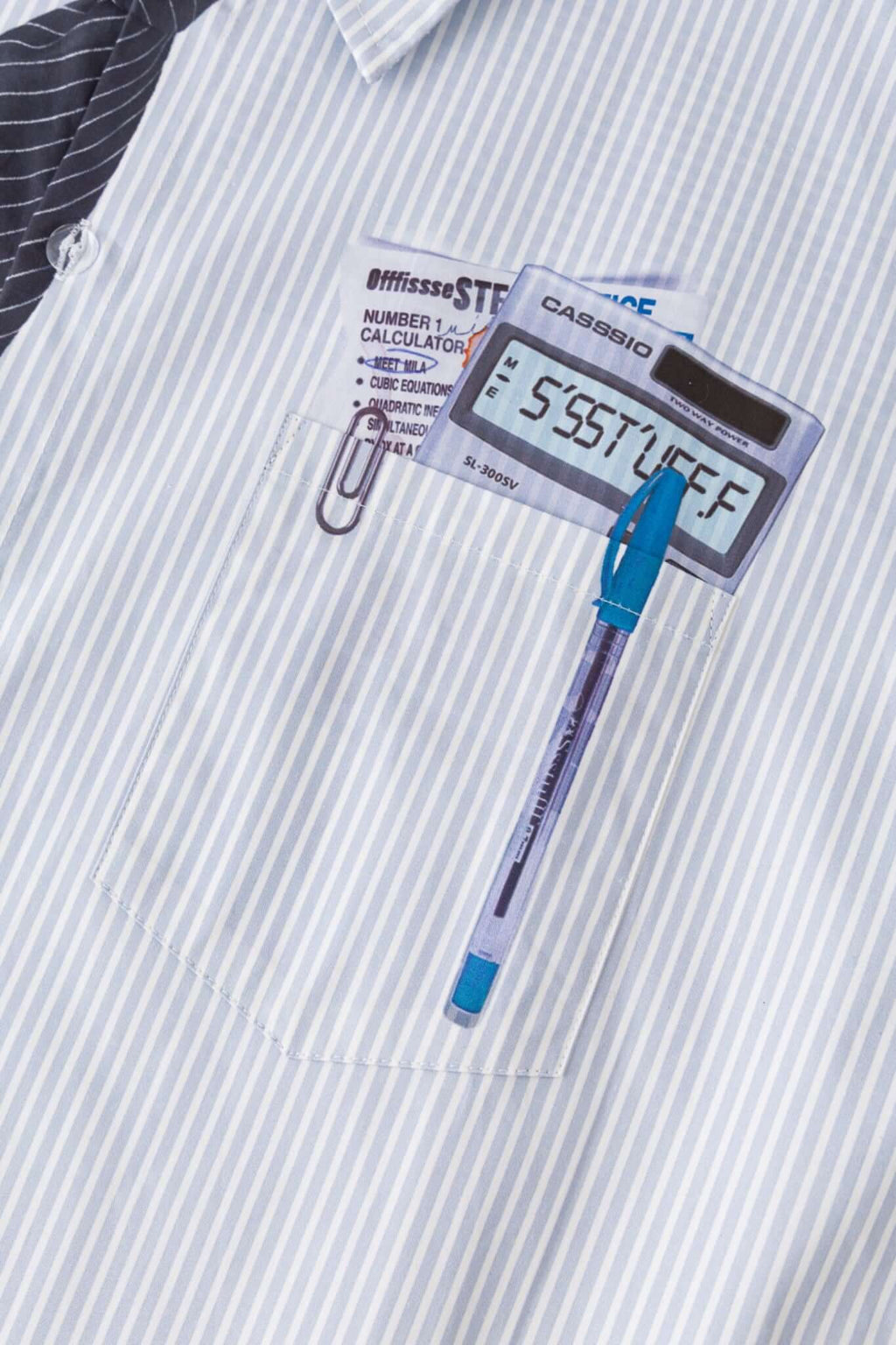 Light blue stripes shirt with a black tie graphic 
