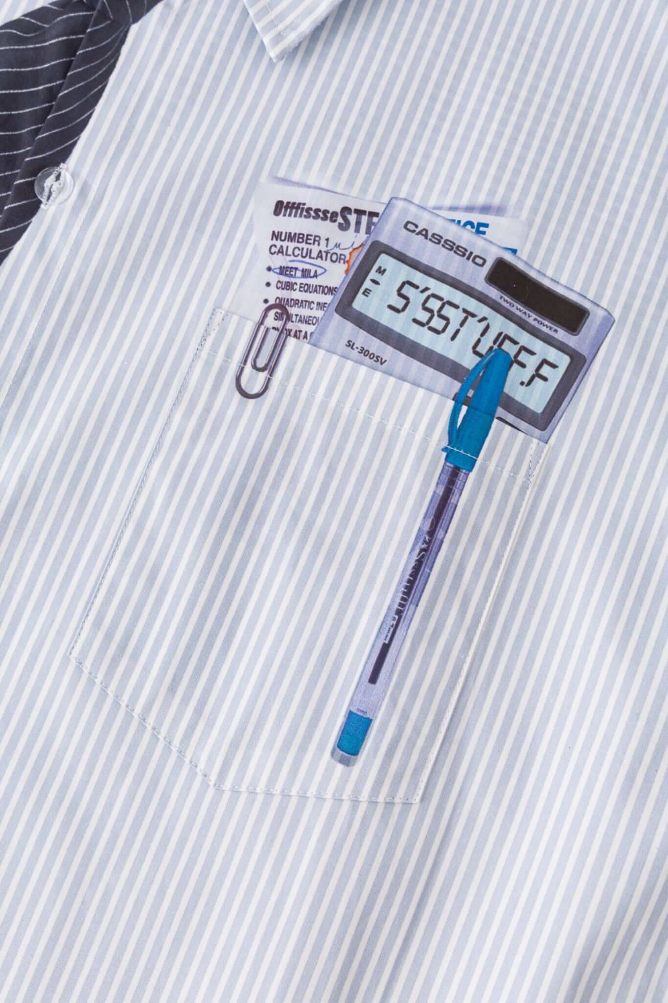 Light blue stripes shirt with a black tie graphic 
