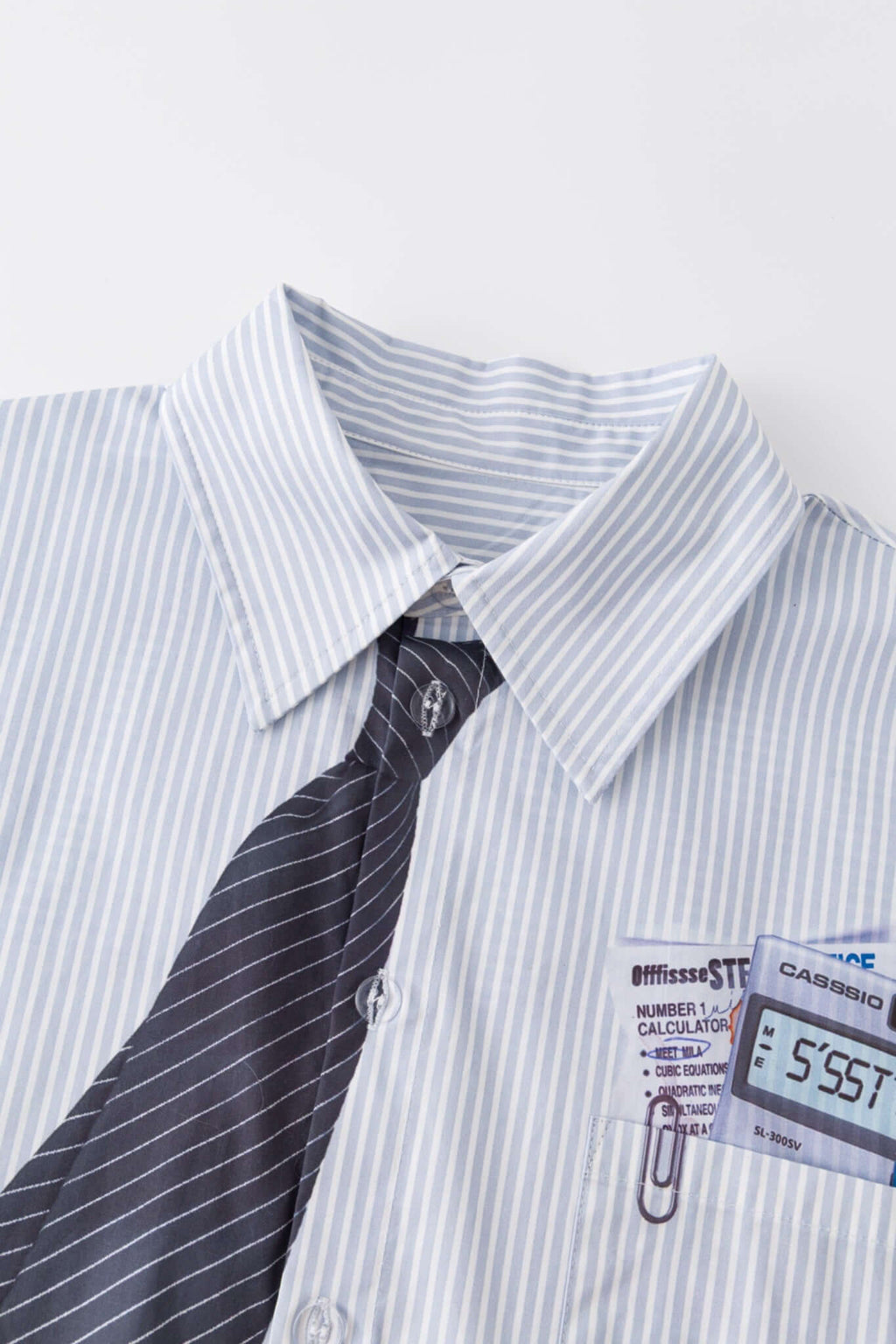 Light blue stripes shirt with a black tie graphic 
