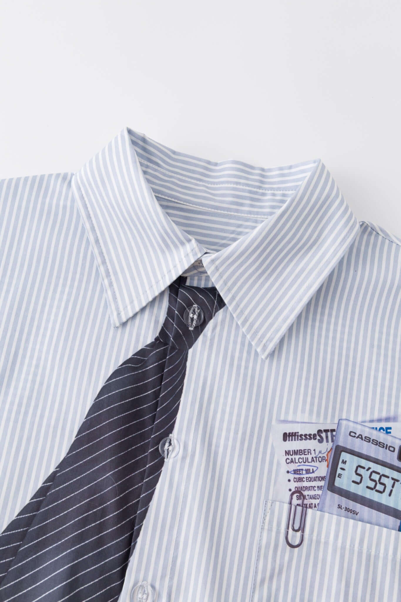 Light blue stripes shirt with a black tie graphic 
