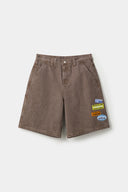 Brown denim shorts with vinyl patches 