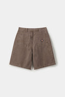 Brown denim shorts with vinyl patches
