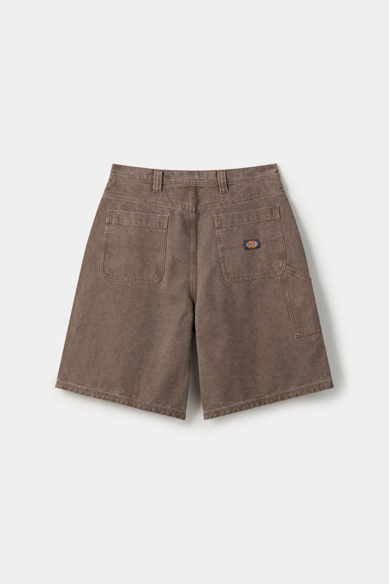 Brown denim shorts with vinyl patches
